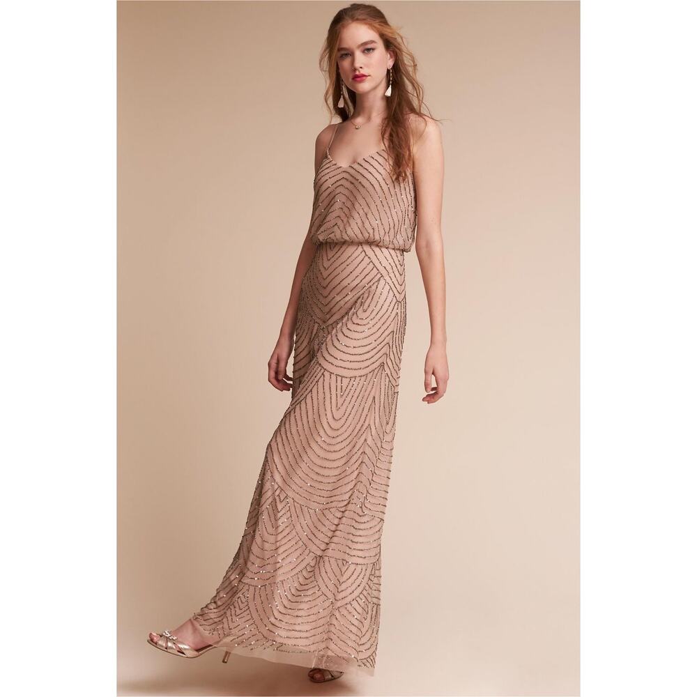 Adrianna Papell Art Deco Beaded Blouson Gown Pink Bridal Beaded Sz 2 Formal
